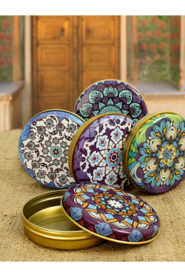 5 Adet Çini Desenli 100CC Yuvarlak Dekoratif Mum Teneke Kutu 7X3 CM